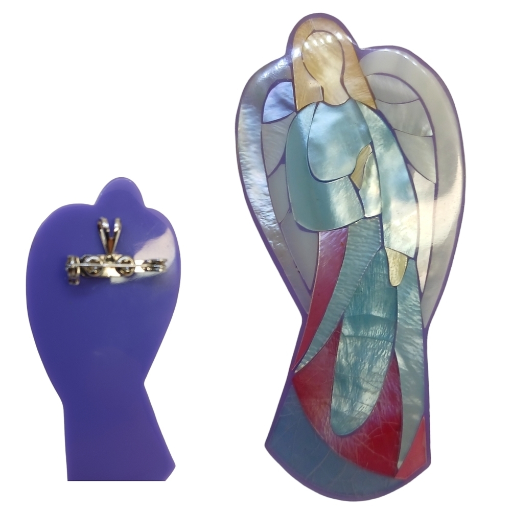 2" Vintage 2 in 1 Womens Brooch/Pendant  Angel Mother of Pearl Inlay Angel